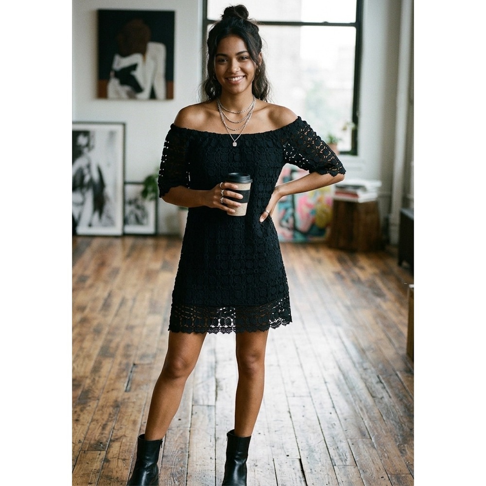 Renee C Off-The-Shoulder Lace Shift Dress Womens Small Black Boho Chic